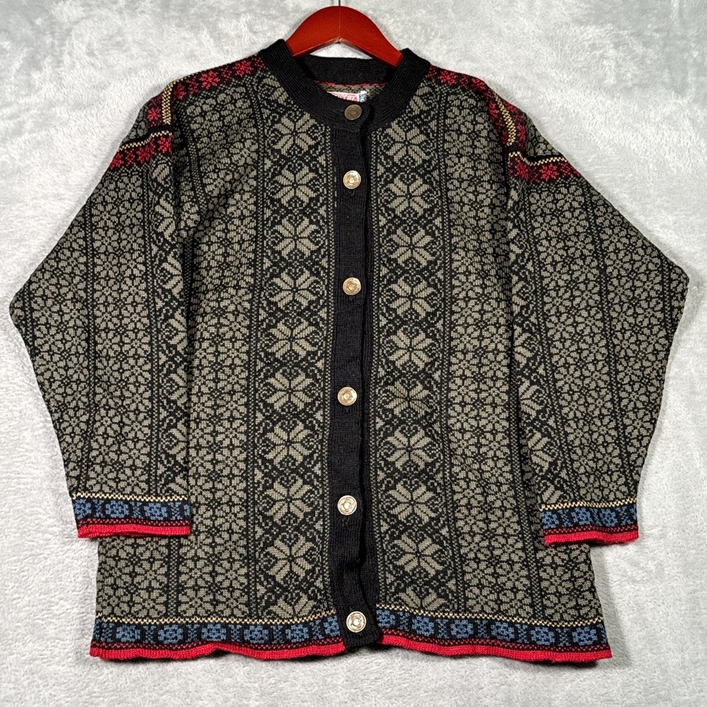 Norwear Sweater Womens S Black 100% Wool Fair Isle Nordic Cardigan Iceland